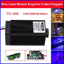 Powerful CNC TTL 5.5W 5500mW 450nm Blue Laser Module Engraving Cutter + Goggles
